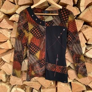 Boho Abstract‎ Top Women's Medium Black Orange Patchwork Avant Guard Unique Dark